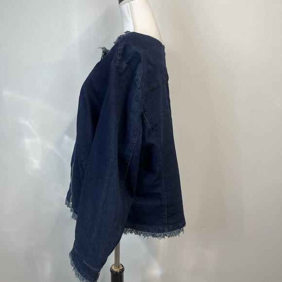 DG2 Diane Gilman Denim Jean Jacket Plus size 3X Stretch Frayed Zip Front Peasant - Picture 8 of 10